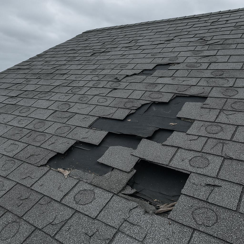 Hail-damaged roof with missing shingles