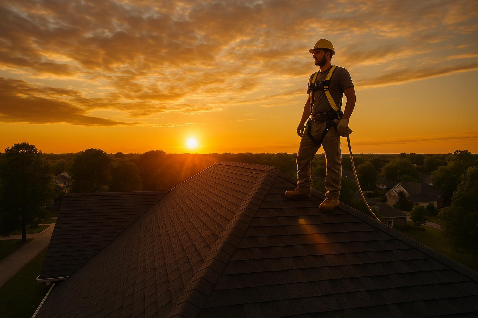 Ironcrest roofer on the ridge of a finished roof at golden hour over a Denver-metro neighborhood