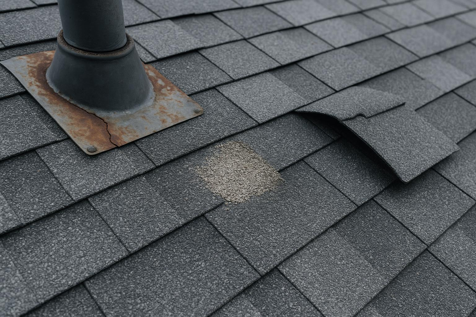Roof section showing a rusted vent flashing, granule loss, and a lifted shingle