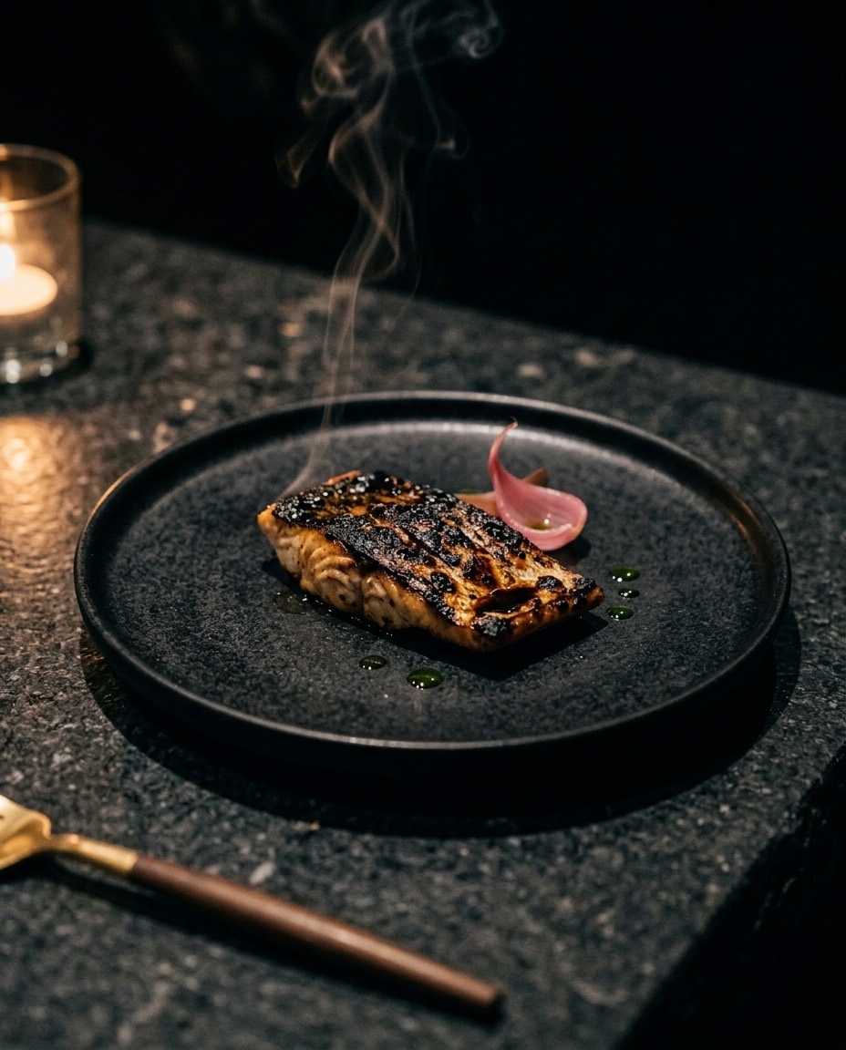 Course three: whole reef fish, wood-fired, dark cane glaze on black ceramic
