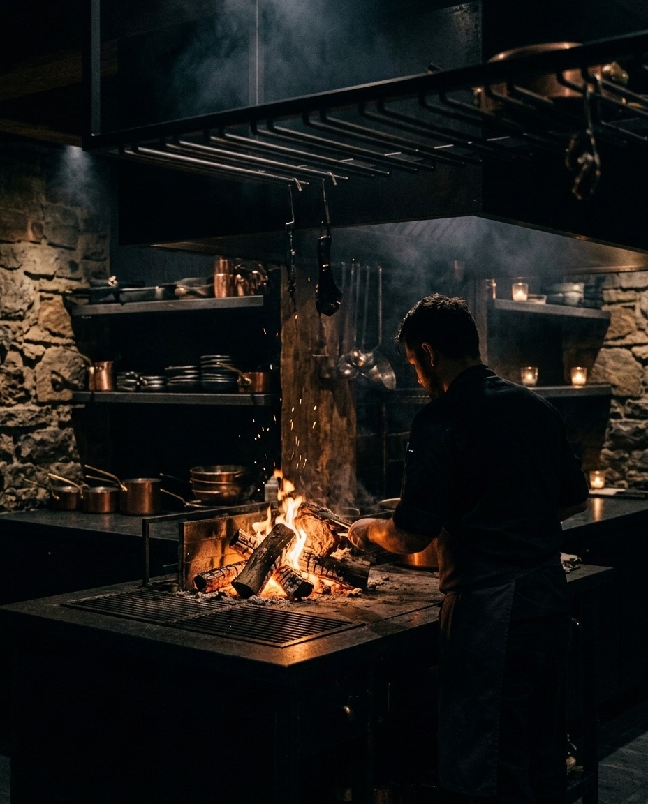 The chef working the open vesi-wood hearth, sparks rising