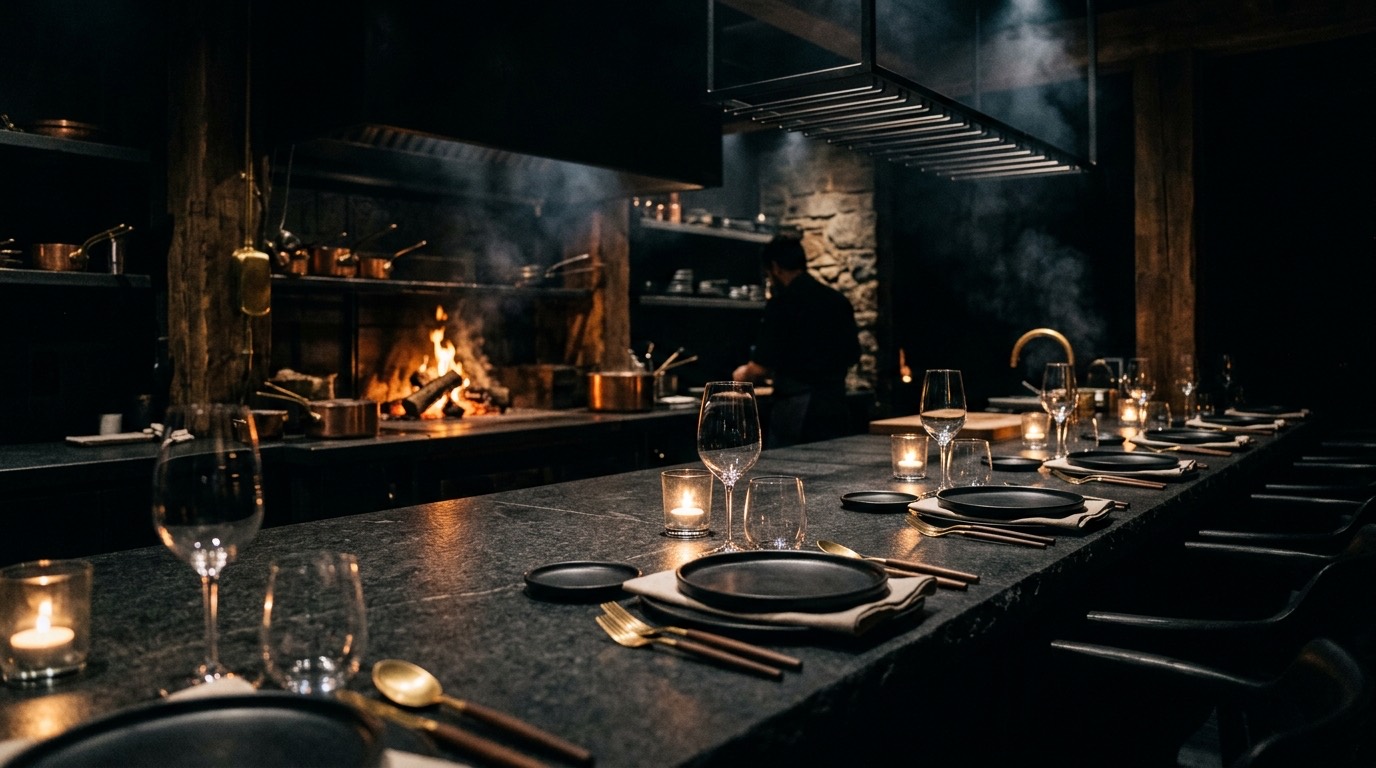 The Vanua tasting counter at night: black stone, candle flames, the wood fire burning behind