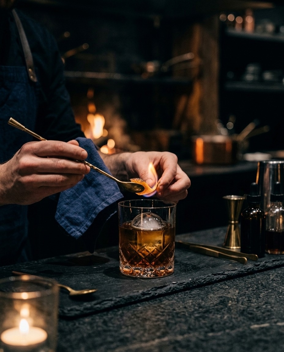 A flamed citrus peel finishing a dark rum cocktail at the bar
